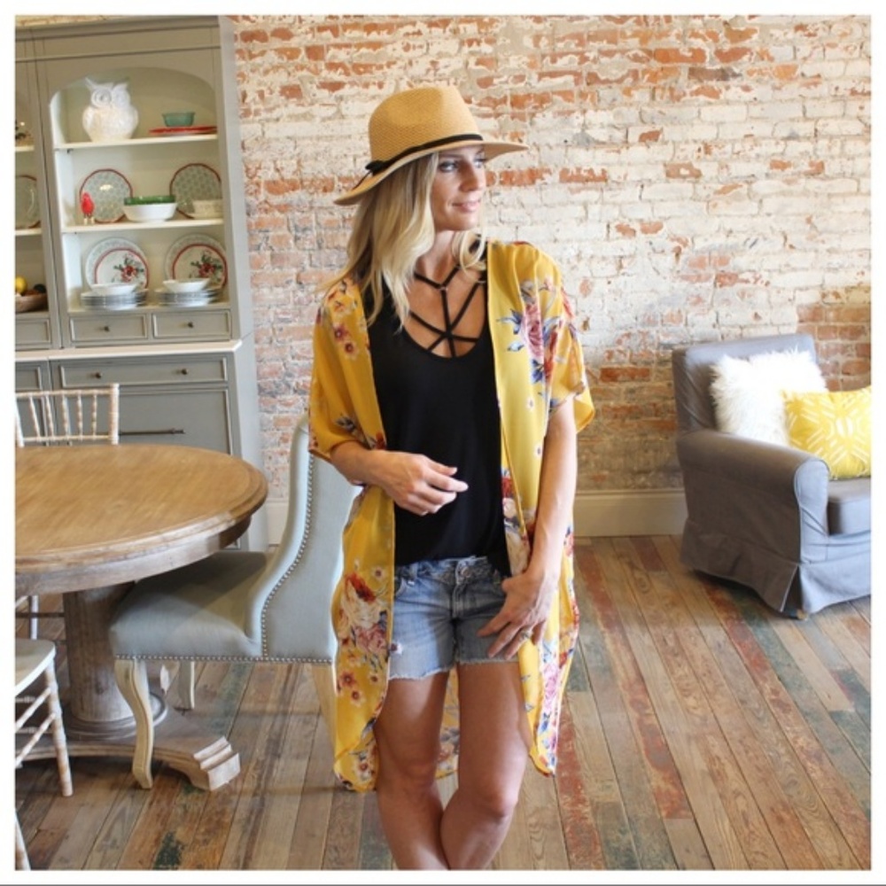 Yellow Floral Chiffon Kimono/Coverup - Picture 3 of 3
